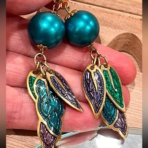 Edgar Berebi Purple Teal Gold Peacock Feather Enamel Cloisonné Earrings